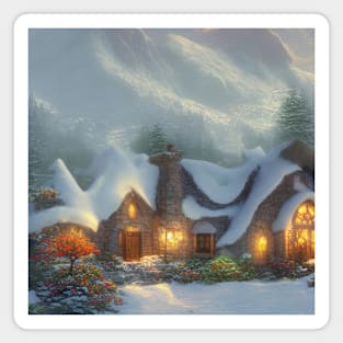 Magical Fantasy House with Lights in a Snowy Scene, Fantasy Cottagecore artwork Magnet